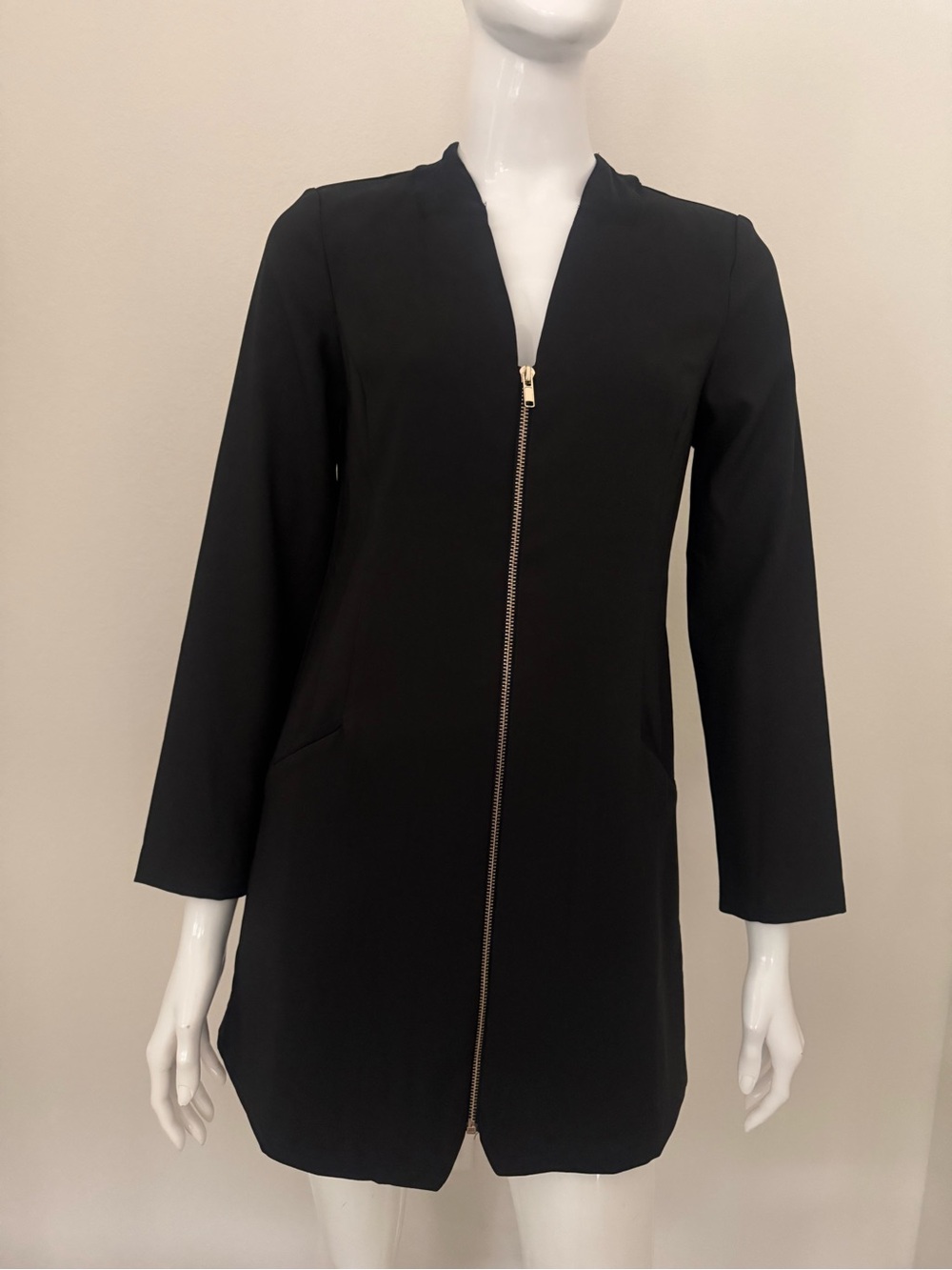 Dance & Marvel Black Zip-Front Long - Jacket Style Mini Dress